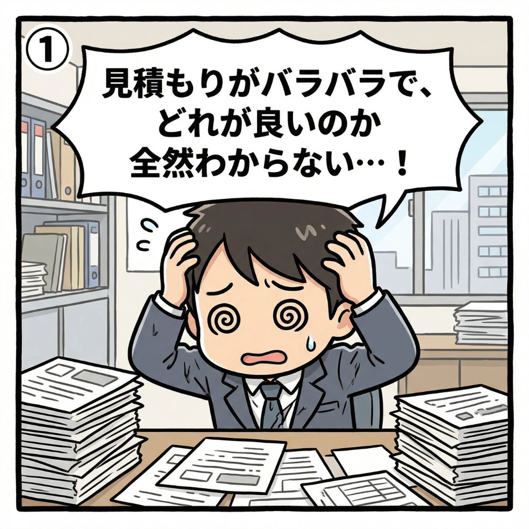 デジタルツール担当者が複数の見積もり書を前に頭を抱えて困惑している漫画イラスト