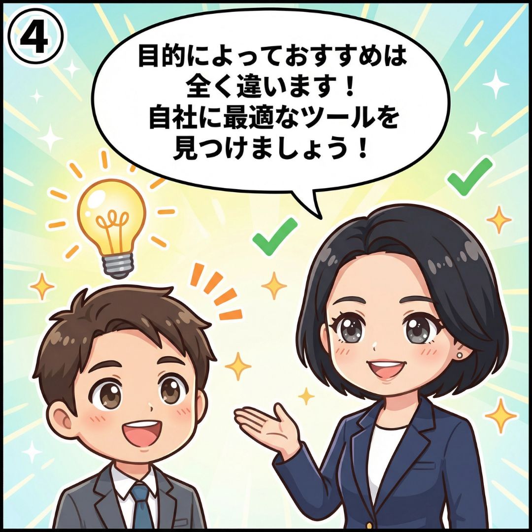 コンサルタントが「目的によっておすすめは全く違います」と担当者に解説し納得させる漫画イラスト