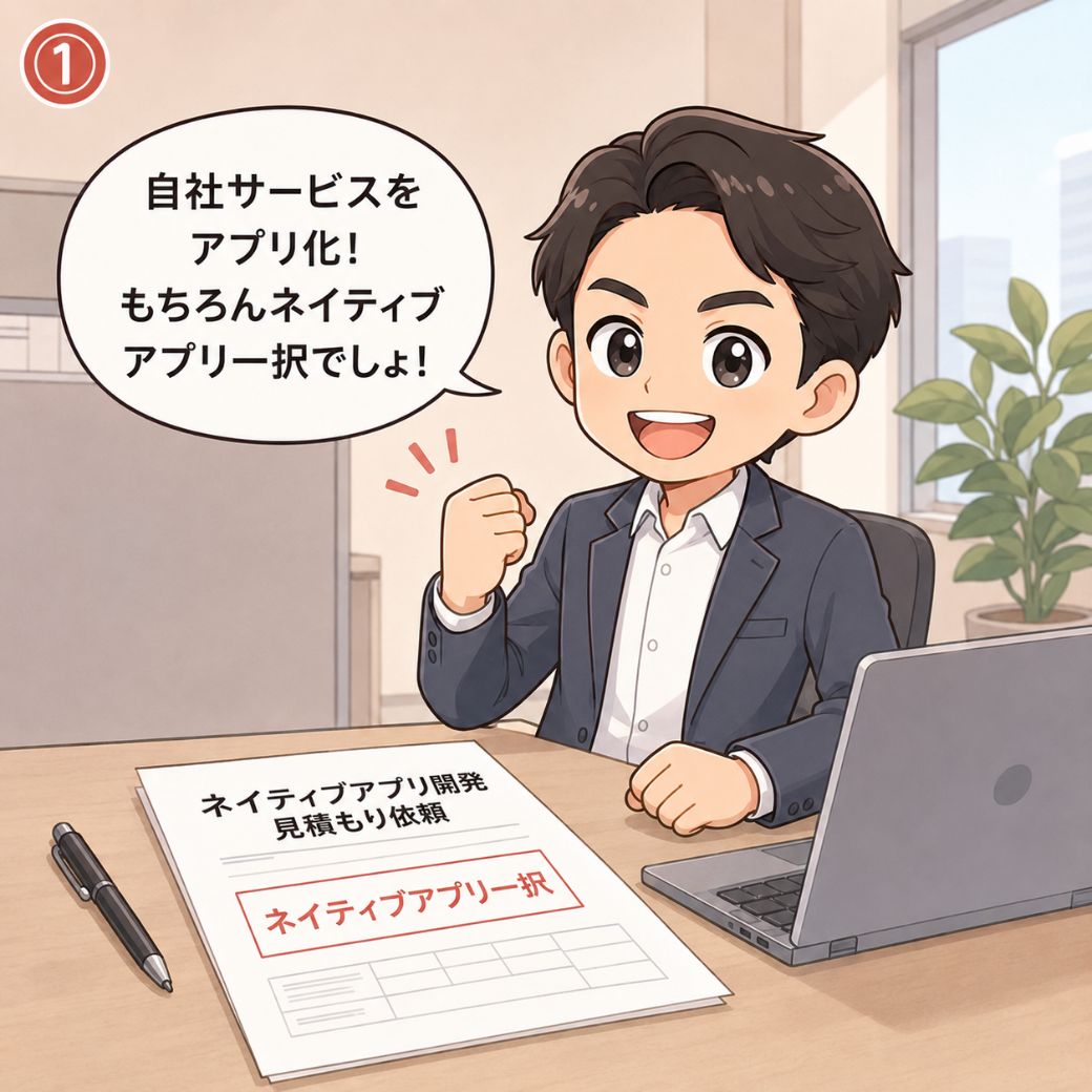 ネイティブアプリ開発のよくある誤解。「自社サービスをアプリ化！もちろんネイティブアプリ一択でしょ！」と勢いよくガッツポーズする中小企業の担当者が、ネイティブアプリ開発見積もり依頼書をデスクに広げて自信満々の場面（1コマ目）