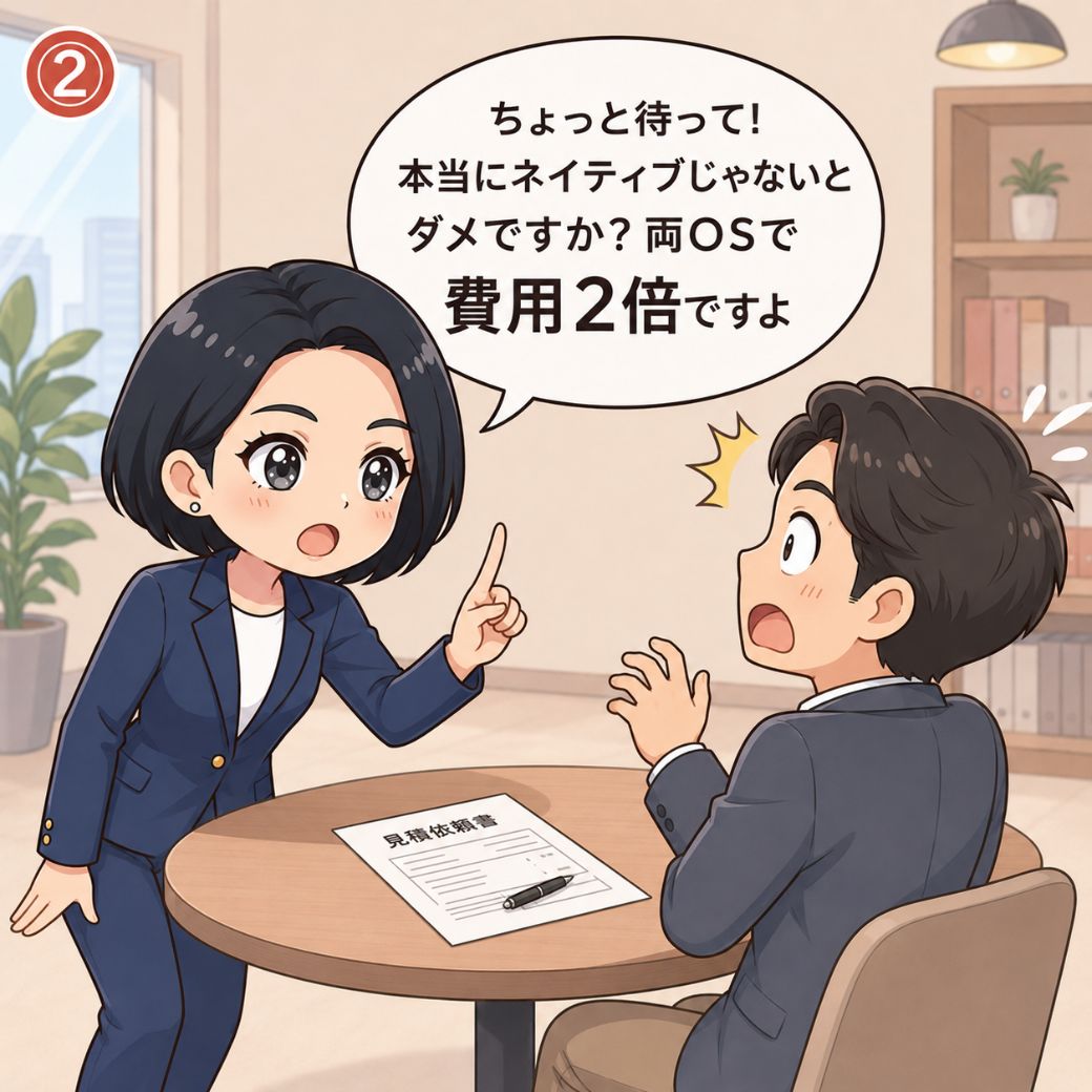 ネイティブアプリ開発の注意点・失敗。深澤里奈が「ちょっと待って！本当にネイティブじゃないとダメですか？両OSで費用2倍ですよ」と指を立てて引き止め、担当者が驚いて目を丸くする場面（2コマ目）