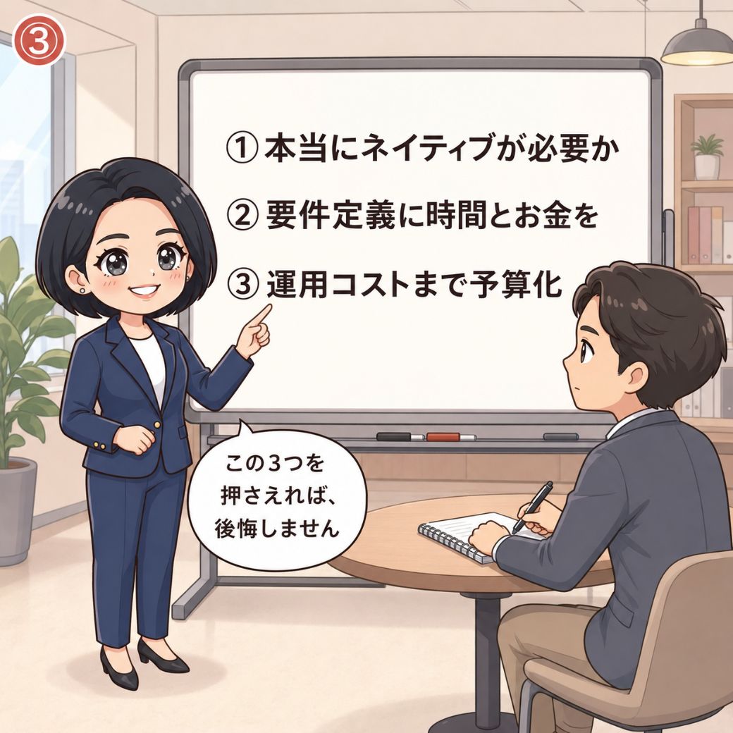 ネイティブアプリ開発の選び方・ポイント。深澤里奈がホワイトボードで「①本当にネイティブが必要か ②要件定義に時間とお金を ③運用コストまで予算化」の3つを解説し、担当者がメモを取って傾聴する場面（3コマ目）