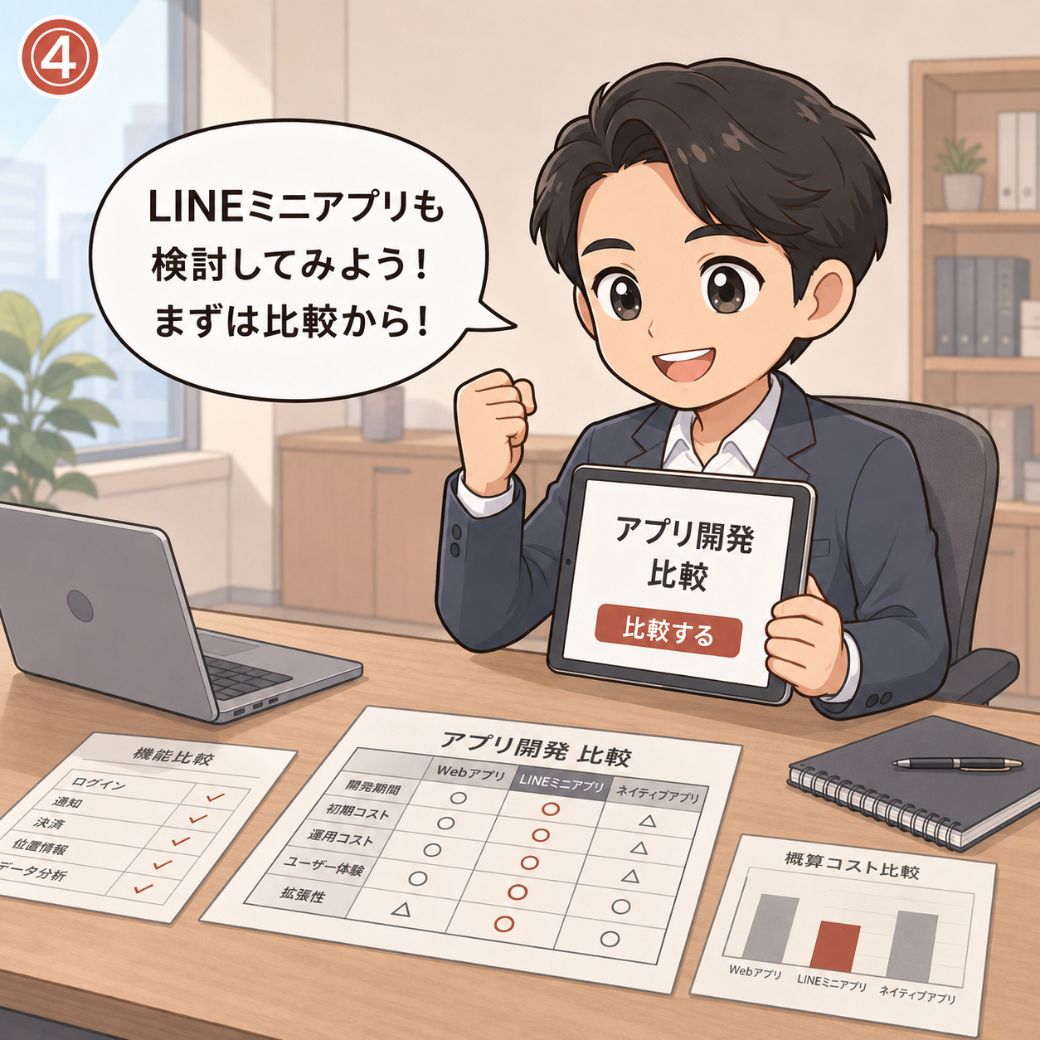 ネイティブアプリ開発の始め方・対策。担当者が「LINEミニアプリも検討してみよう！まずは比較から！」と笑顔でタブレットの比較画面を開き、机にはWebアプリ・LINEミニアプリ・ネイティブアプリの比較表が並ぶ場面（4コマ目）