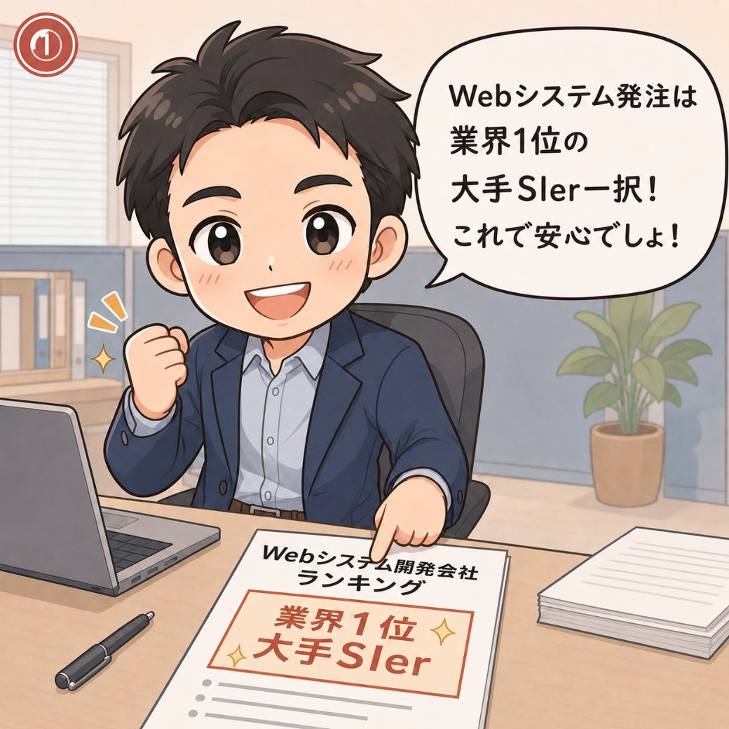 Webシステム開発会社のよくある誤解。「Webシステム発注は業界1位の大手SIer一択！これで安心でしょ！」とランキング資料を指さしてガッツポーズする中小企業の担当者が、業界1位の枠だけ見て発注を決めようとする場面(1コマ目)