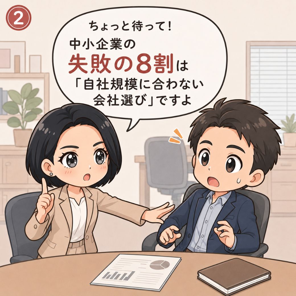 Webシステム開発会社選びの注意点・失敗。深澤里奈が「ちょっと待って！中小企業の失敗の8割は「自社規模に合わない会社選び」ですよ」と指を立てて引き止め、担当者が驚いて目を丸くする場面(2コマ目)