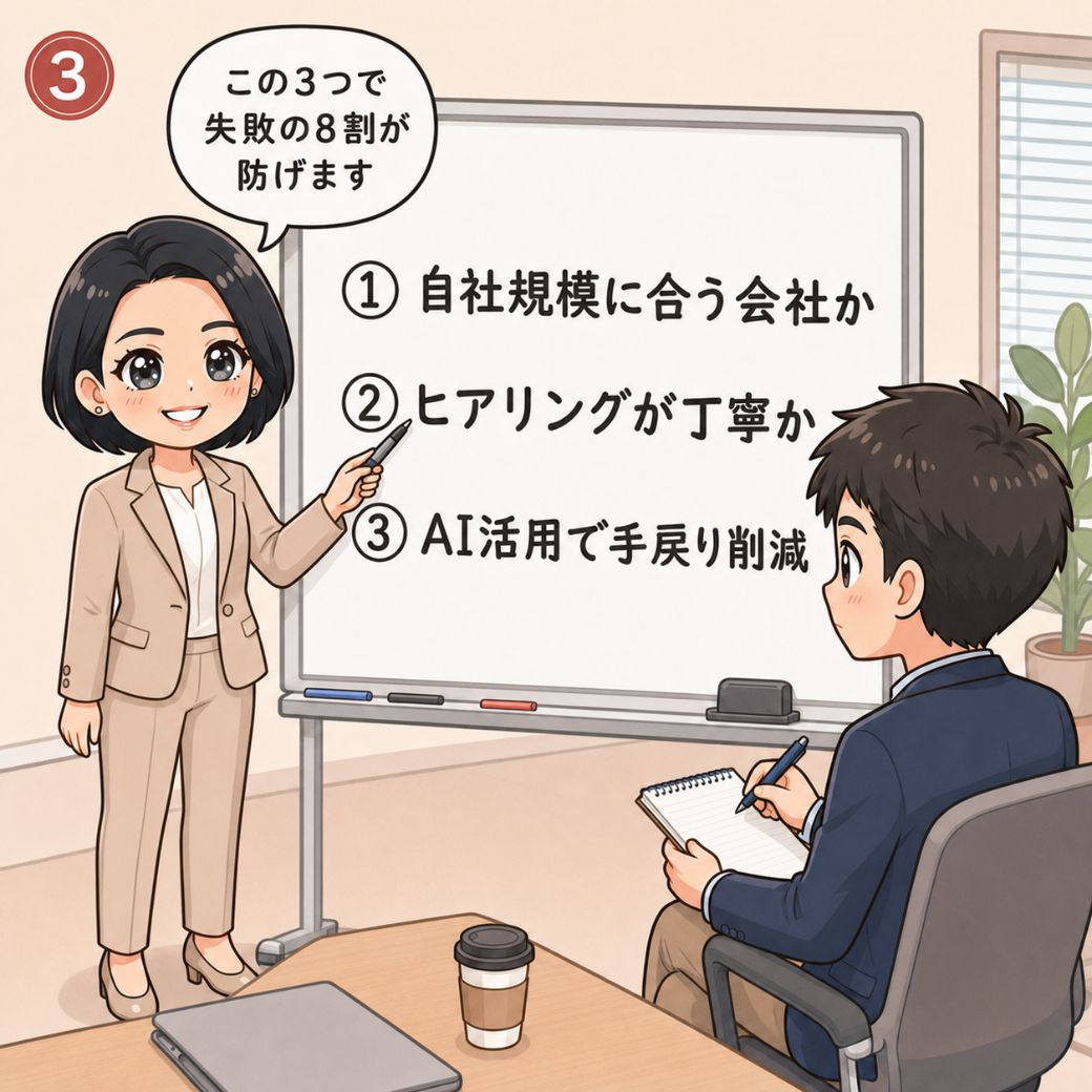 Webシステム開発会社の選び方・ポイント。深澤里奈がホワイトボードで「①自社規模に合う会社か ②ヒアリングが丁寧か ③AI活用で手戻り削減」の3つを解説し、担当者がノートにメモを取って傾聴する場面(3コマ目)