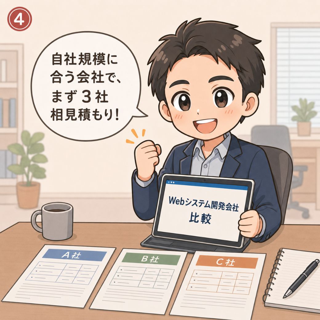 Webシステム開発会社の始め方・対策。担当者が「自社規模に合う会社で、まず3社相見積もり！」と笑顔でタブレットのWebシステム開発会社比較画面を開き、机にはA社・B社・C社の比較資料が並ぶ場面(4コマ目)