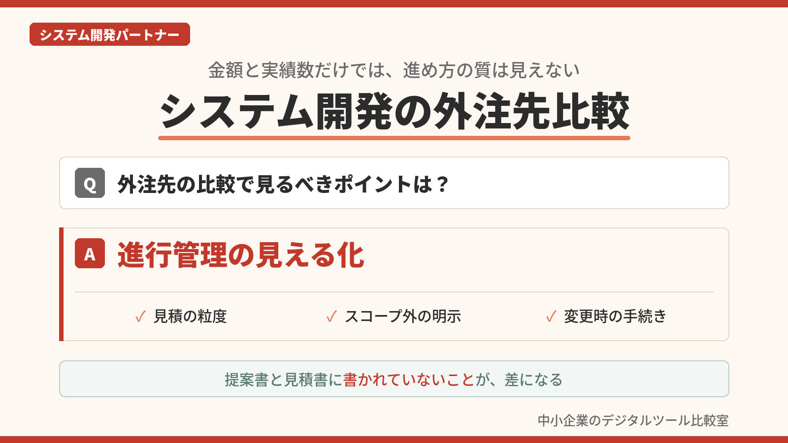 システム開発の外注先を比較するポイントとして、見積の粒度・スコープ外の明示・変更時の手続きの3点を示した記事のアイキャッチ